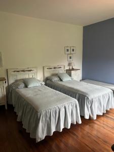 2 camas en una habitación con suelo de madera en Cascina Ciosse B&B en Grognardo