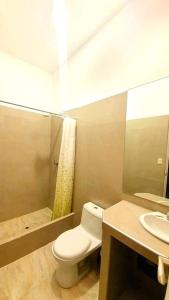 uma casa de banho com um WC, um lavatório e um espelho. em Edelmon't Beach em Los Órganos