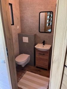 a bathroom with a toilet and a sink and a mirror at Domek wakacyjny Wczasy jak Marzenie in Ruciane-Nida +48 photos