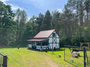 a small house with a red roof in a yard at Domek wakacyjny Wczasy jak Marzenie in Ruciane-Nida