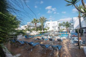 a patio with chairs and a swimming pool with palm trees at Pavlinia Hotel & Apartments in Ayia Napa