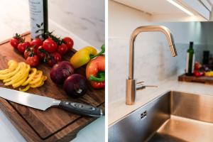 a kitchen sink with vegetables and a knife on a cutting board at Guestly Homes - Spacious 5BR Villa with Sauna in Södra Sunderbyn +27 photos
