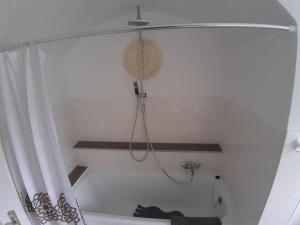 a bathroom with a shower with a shower curtain at Ferienwohnung Albstadt Panorama in Albstadt +62 photos