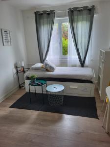 - une chambre avec un lit, une fenêtre et une table dans l'établissement Studio Le café gourmand - Proche Gare - Coin tranquille, à Mulhouse
