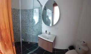 een badkamer met een wastafel en een douche met een spiegel bij Casa Palermo Manizales in Manizales