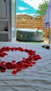 a bunch of red rose petals on a bed at Gite avec jacuzzi privé in Arnières-sur-Iton