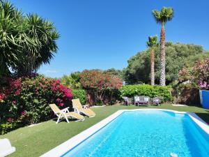 a swimming pool in a yard with chairs and palm trees at Vivienda Rural Los Madroños in Malcocinado