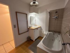 a bathroom with a tub and a sink and a mirror at Charmante Maison - Idéalement Située in Ronchin