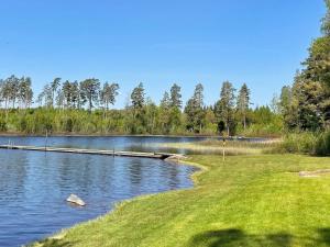 a lake with a dock in the middle of it at Holiday home HOLMSJÖ III in Holmsjö