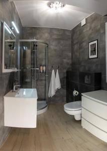 e bagno con doccia, servizi igienici e lavandino. di Apartament Kopernika 10 a Łódź