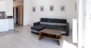 un soggiorno con divano nero e tavolino da caffè di Apartament Kopernika 10 a Łódź