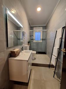 un bagno con lavandino, WC e specchio di Villa Ribeiro a Vila Praia de Âncora