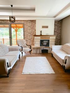 sala de estar con 2 sofás y chimenea en Zeni Villa - Fırtına Deresinde mükemmel konaklama, en Rize