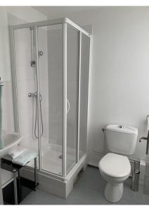 uma casa de banho com um chuveiro, um WC e um lavatório. em Malocco em Pontcarré