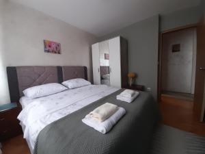 1 dormitorio con 1 cama grande y toallas. en Apartman Dragon Kg en Kragujevac