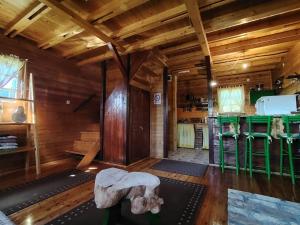 a room with wooden walls and a wooden floor with a rock in it at Aurora Tara 1 in Bajina Bašta
