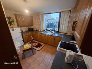 a kitchen with a refrigerator and a window in it at Gala House in Lurgan
