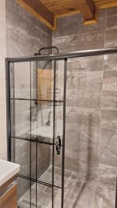 La salle de bains est pourvue d'une douche et d'une étagère en verre. dans l'établissement Hemşin Ata Konağım, à Çamlıhemşin