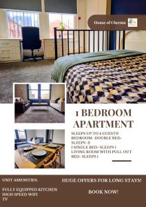 a flyer for a bedroom appointment with a bed and a desk at Lil Victorian Classic Group Home in Leeds