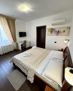 a bedroom with a large bed and a television at Villa Alessia in Skhidnitsa