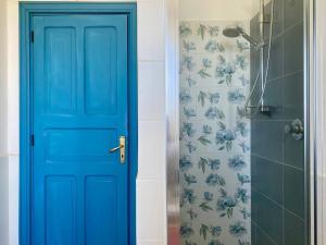 a blue door in a bathroom with a shower at Casa Zagami in Malfa