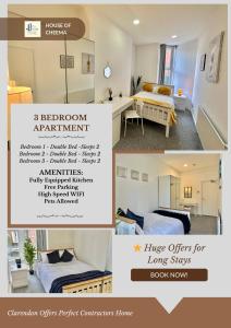 Clarendon Offers Perfect Contractors Home في ليدز: ملصق بثلاث صور لشقة غرفة نوم