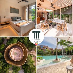 a collage of photos with a hotel room and a pool at Amazing 1BR Tulum Jungle with Restaurant, Pool and Gym in Tulum
