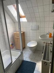 a bathroom with a shower and a toilet and a sink at Bahnhof Mulknitz in Forst +21 photos