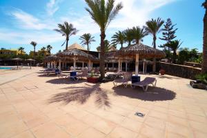 een patio met stoelen, parasols en palmbomen bij Private Chalet - Fast Wi-Fi - Pool in Corralejo