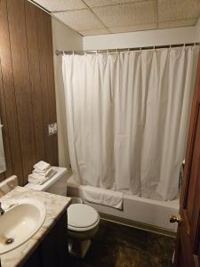 a bathroom with a white shower curtain and a toilet at Lewiston Hotel Bar & Grill in Lewiston