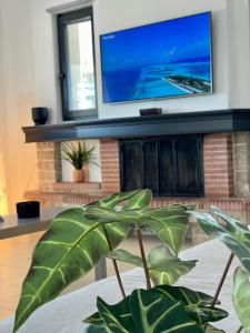 a flat screen tv sitting on top of a fireplace at Casa Posidonia in Korinthos