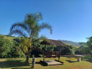 a park bench sitting next to a palm tree at casa com bela vista em Bragança Paulista in Bragança Paulista