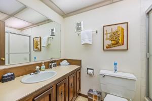 Un baño con lavabo, inodoro y espejo. en New* 70s Lakefront condo - dock - pool - beach -, en McCall 33 fotos más