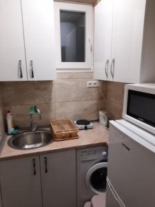 eine kleine Küche mit einer Spüle und einer Mikrowelle in der Unterkunft Irma in Tuzla