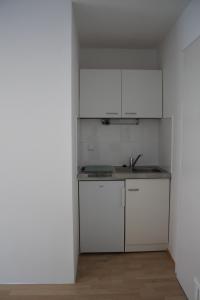 una cucina vuota con armadi bianchi e lavandino di Appartements-Steinkirchner a Straubing