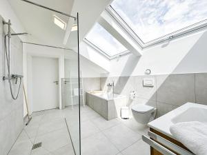 ein Bad mit einer Dusche, einem WC und einem Dachfenster in der Unterkunft Maisonette Hochgrat in Oberstaufen + 20 Fotos
