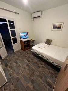 a small bedroom with a bed and a television at Astypalea Apartments in Astypalaia Town