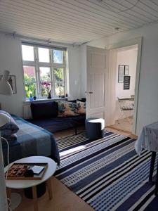 uma sala de estar com uma cama e um sofá em Hyggelig ferielejlighed i Harresø em Give