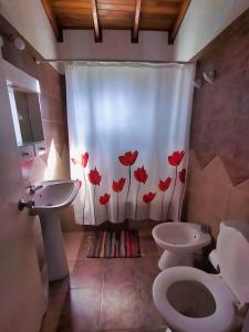 a bathroom with a toilet and a shower curtain with flowers at Magnolia azul in Federación