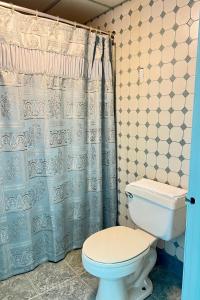a bathroom with a toilet and a shower curtain at Royal Inn - Neptune in Neptune City