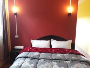 a bedroom with a bed with a red wall at Banabas Homestay in Darjeeling