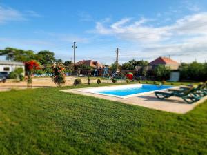 a swimming pool in a yard with a playground at Casa cu Trandafiri Murighiol in Murighiol