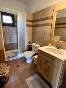 een badkamer met toilet, wastafel en douche bij Traditional Stone Villa Rokosini in Vourvourou +33 foto's
