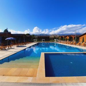 ein großer Pool mit Stühlen und blauem Wasser in der Unterkunft Soho Hutor in Bosteri