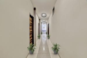 a hallway with potted plants and white walls at Collection O Hotel Heritage in Indore