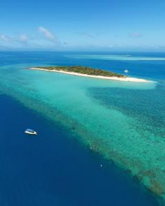 Azure Sea Whitsunday Resort في شاطئ إيرلي: جزيرة في المحيط مع قارب في الماء