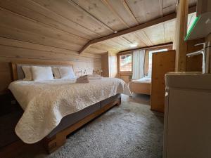 a bedroom with a bed in a wooden cabin at Haus Bergmann in Boltigen