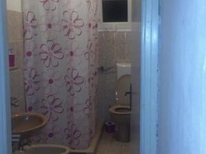 a bathroom with a toilet and a shower curtain with flowers at Apartment in Rogoznica near Miline Beach in Rogoznica