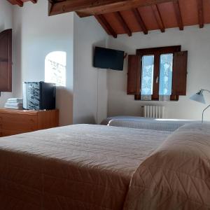 a bedroom with a bed and a tv and windows at Bed&Breakfast Pianeta Benessere in Pistoia