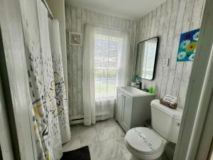 a bathroom with a toilet and a sink and a mirror at Cozy Riverfront Cottage with dock close to Lake George in Corinth +12 photos